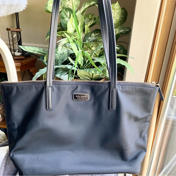 kate spade Handbags - Kate Spade black large zip top nylon tote with leather handles and bottom VGUC
